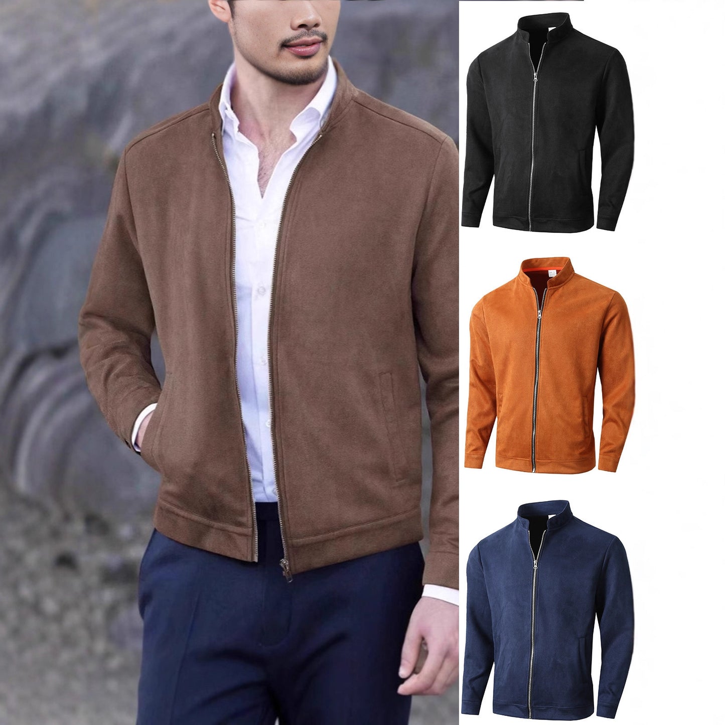 Men's Jacket Slim Fit Round Neck Long Sleeves Stand Collar Cardigan
