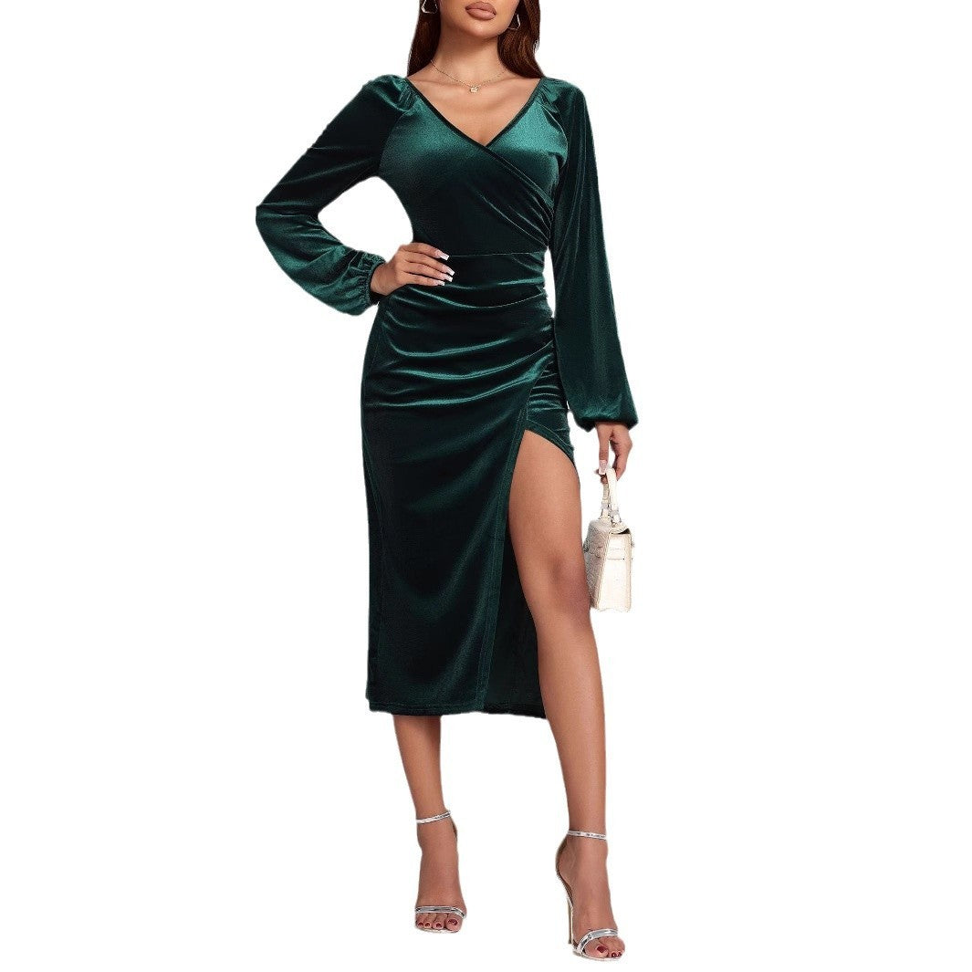 V-neck Velvet Dress Pleated Split Dress