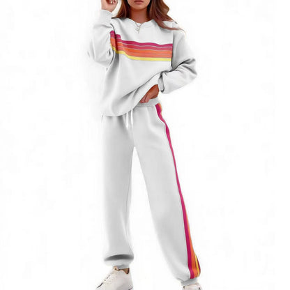 Round Neck Loose Color Stripes Elastic Waist Pants Sweater Suit