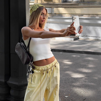 Polyester Women's Drawstring Bundle Solid Color Loose Casual Pants