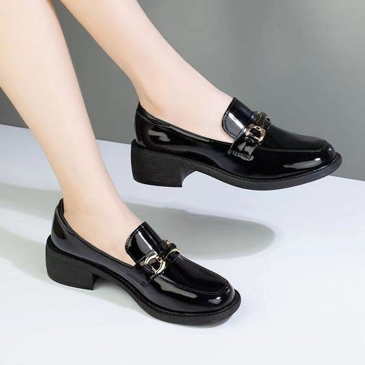 Dark Green Glossy Chunky Heel Metal Buckle Loafers For Women