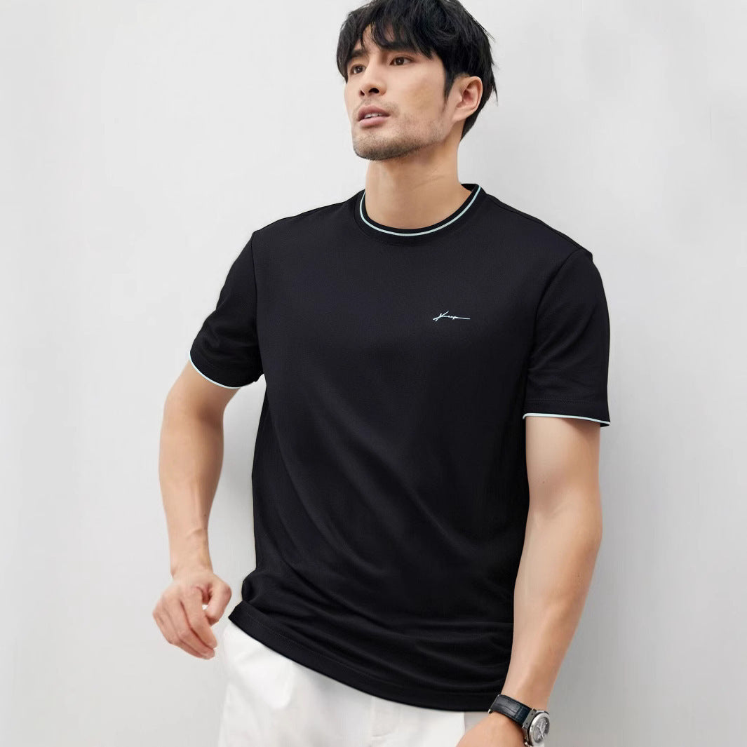 Trendy Color-blocked Round-neck T-shirt For Men With Personalized Artistic Signature Embroidery