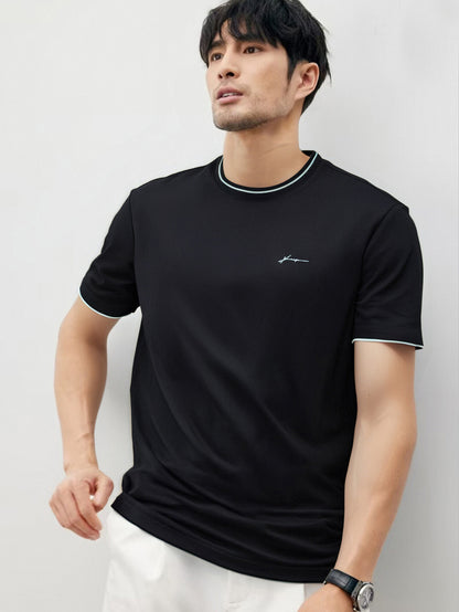 Trendy Color-blocked Round-neck T-shirt For Men With Personalized Artistic Signature Embroidery