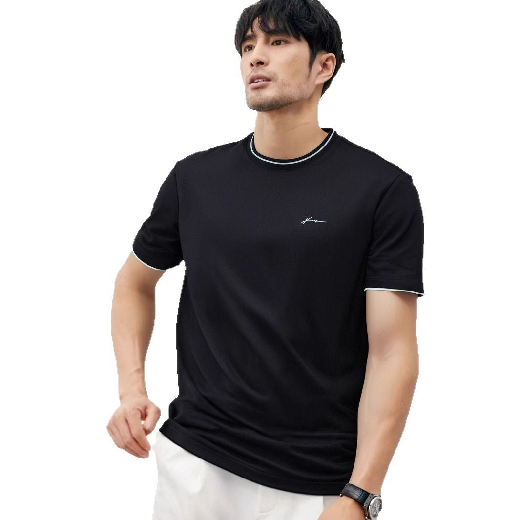 Trendy Color-blocked Round-neck T-shirt For Men With Personalized Artistic Signature Embroidery