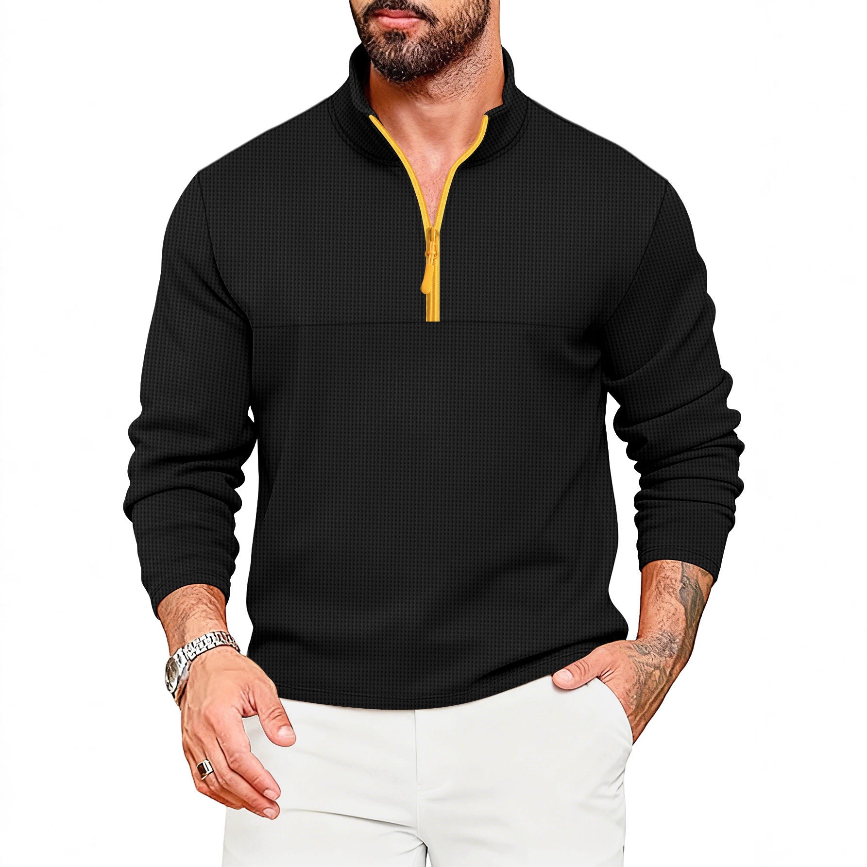 Mens Casual Sporty Color-Block Long-Sleeve Turtleneck Half-Zip Top