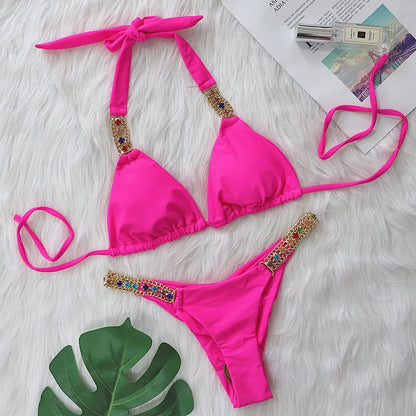 Metal Accessories Rhinestone Pure Color Bikini Women