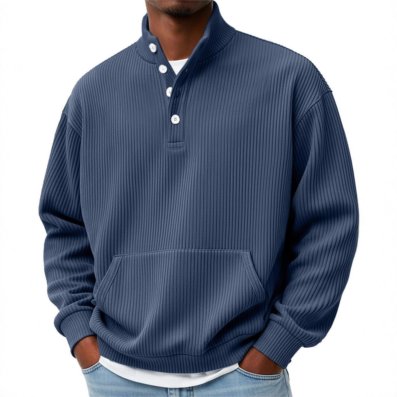 Mens Solid-Color Turtleneck Casual Long-Sleeve Polo Sweatshirt