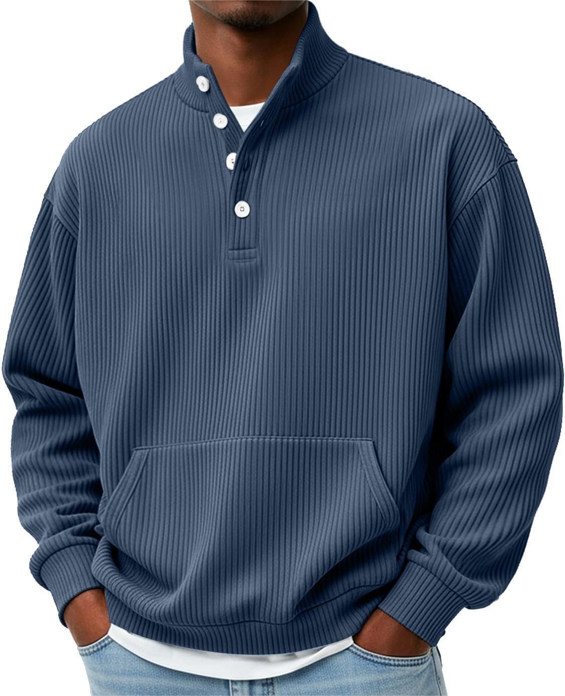 Mens Solid-Color Turtleneck Casual Long-Sleeve Polo Sweatshirt