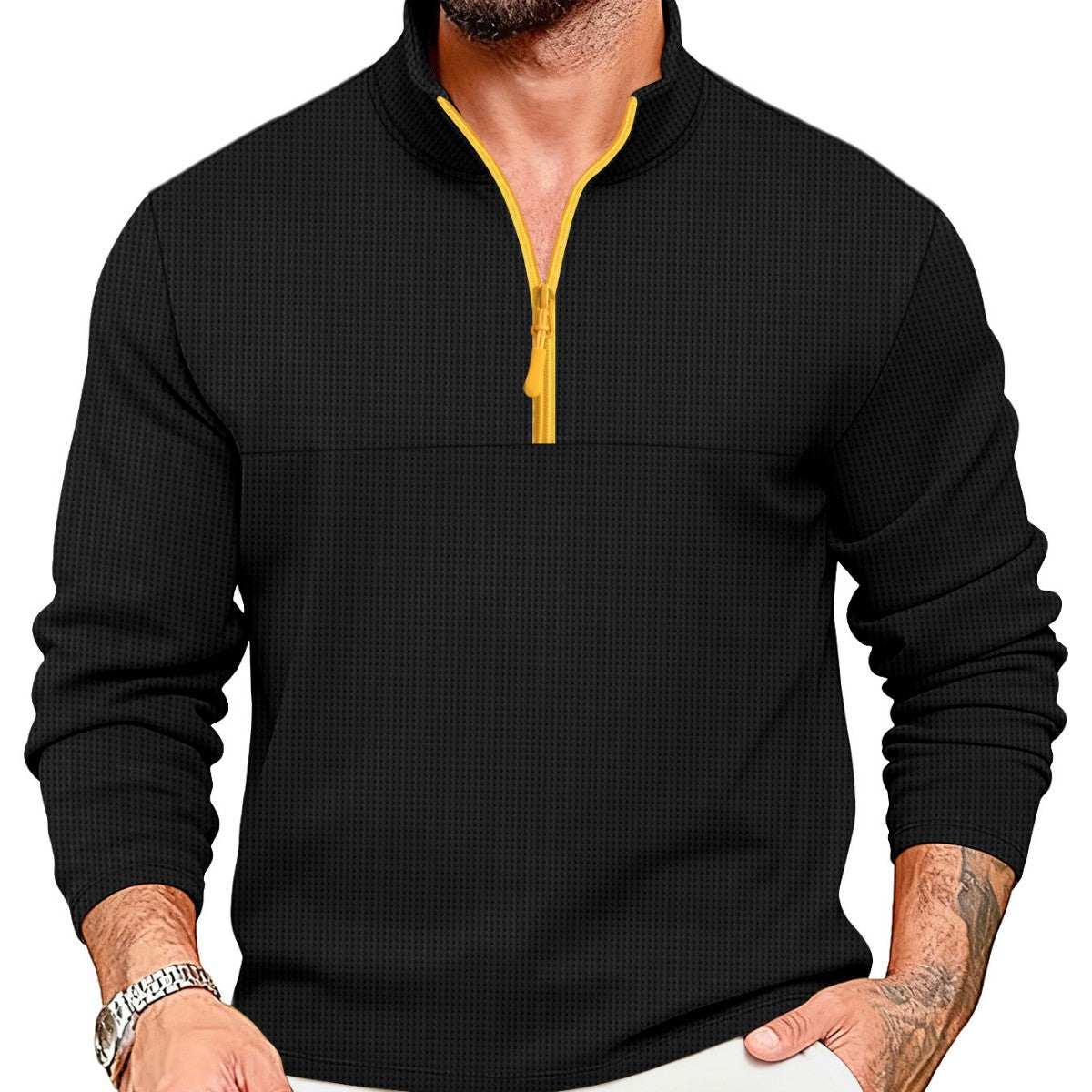 Mens Casual Sporty Color-Block Long-Sleeve Turtleneck Half-Zip Top
