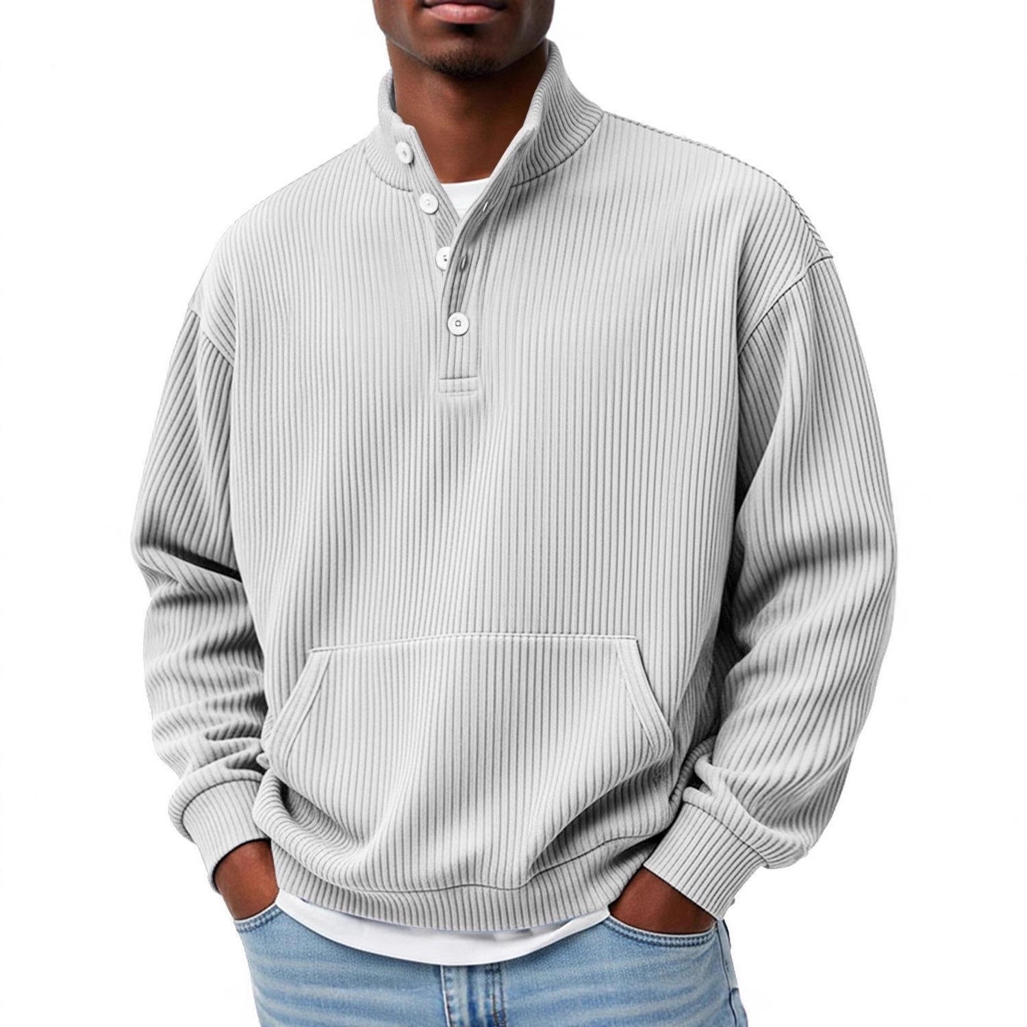 Mens Solid-Color Turtleneck Casual Long-Sleeve Polo Sweatshirt