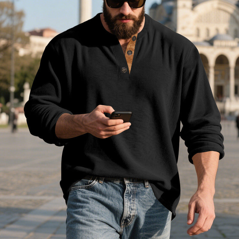 Retro Corduroy Casual Henley Shirt With Long Sleeves