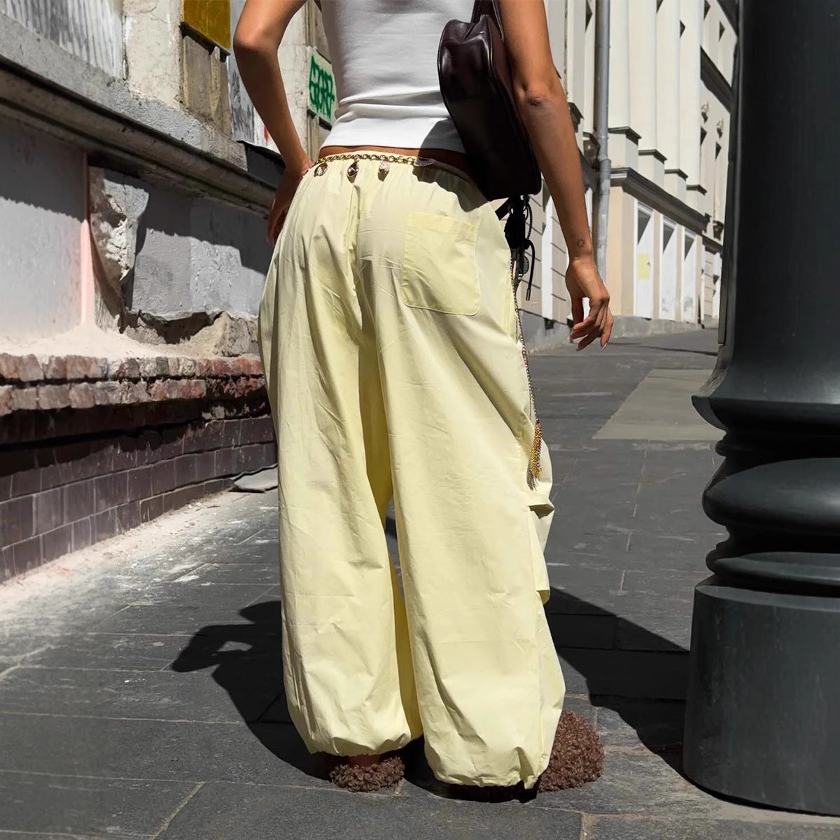 Polyester Women's Drawstring Bundle Solid Color Loose Casual Pants