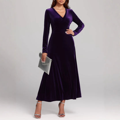 V-neck Long Sleeve Evening Dress Pleuche Dress