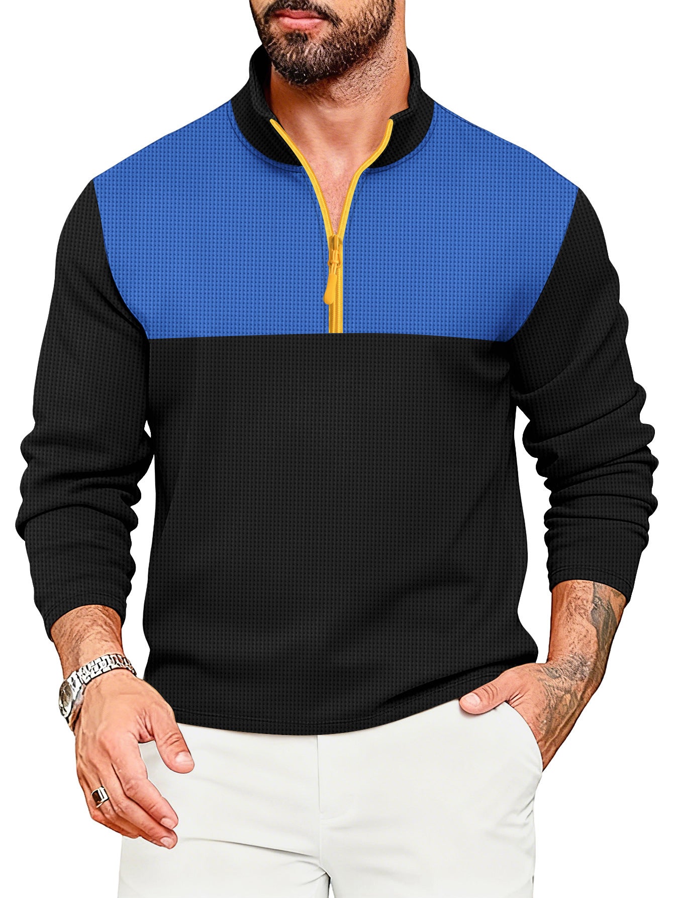 Mens Casual Sporty Color-Block Long-Sleeve Turtleneck Half-Zip Top