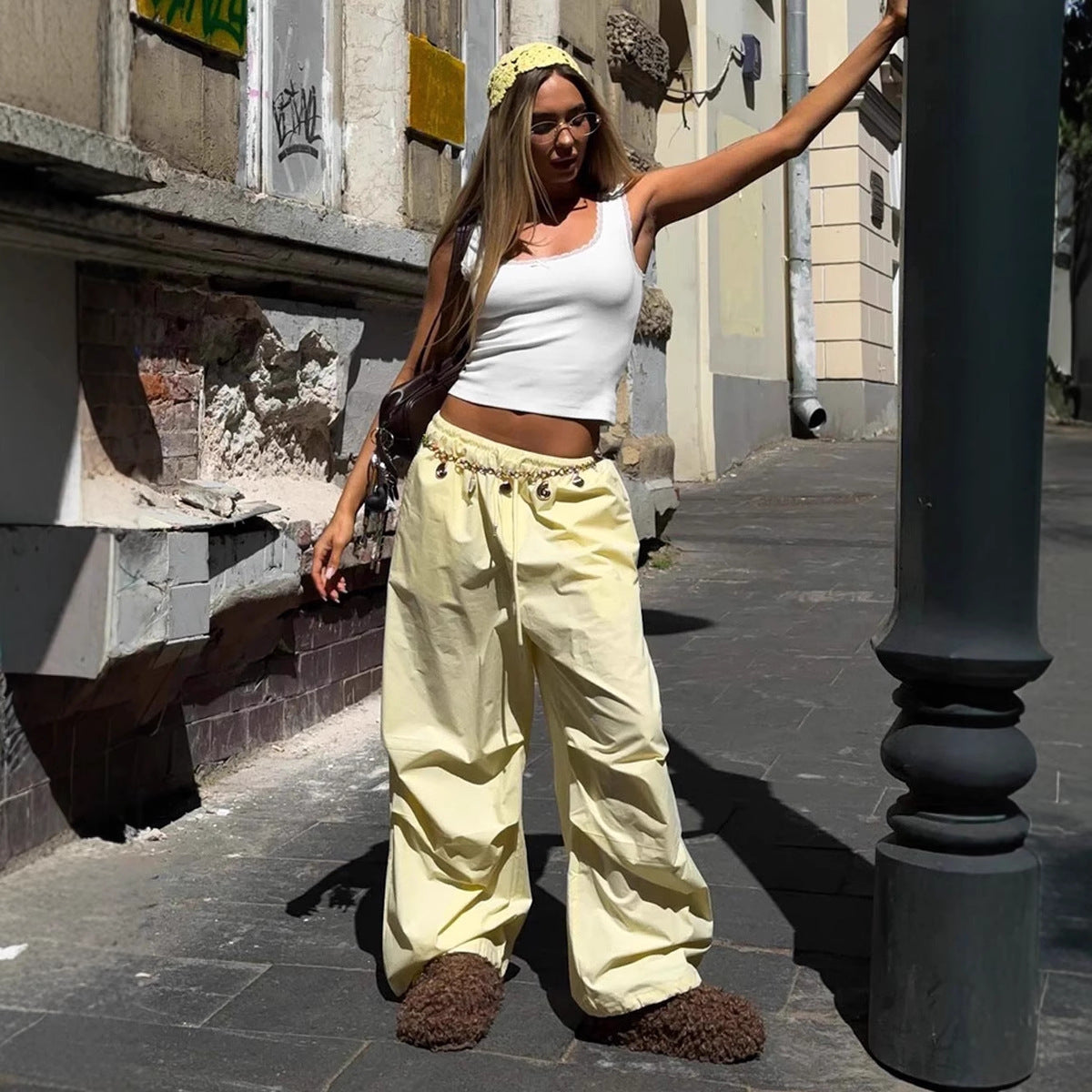 Polyester Women's Drawstring Bundle Solid Color Loose Casual Pants