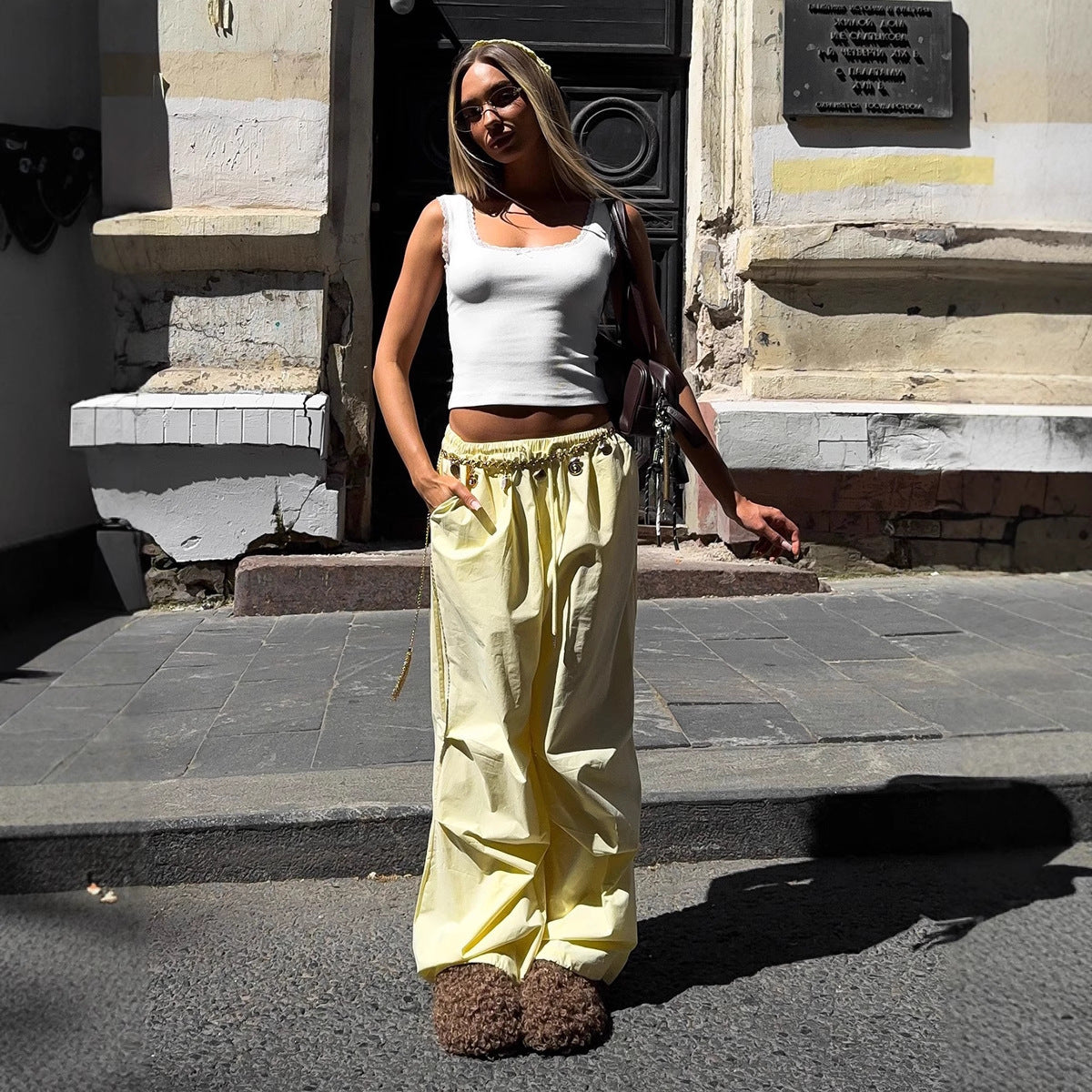 Polyester Women's Drawstring Bundle Solid Color Loose Casual Pants