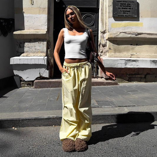 Polyester Women's Drawstring Bundle Solid Color Loose Casual Pants