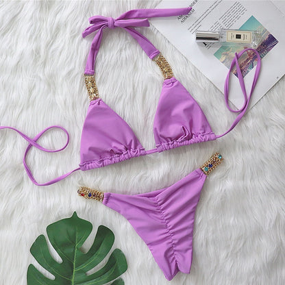 Metal Accessories Rhinestone Pure Color Bikini Women