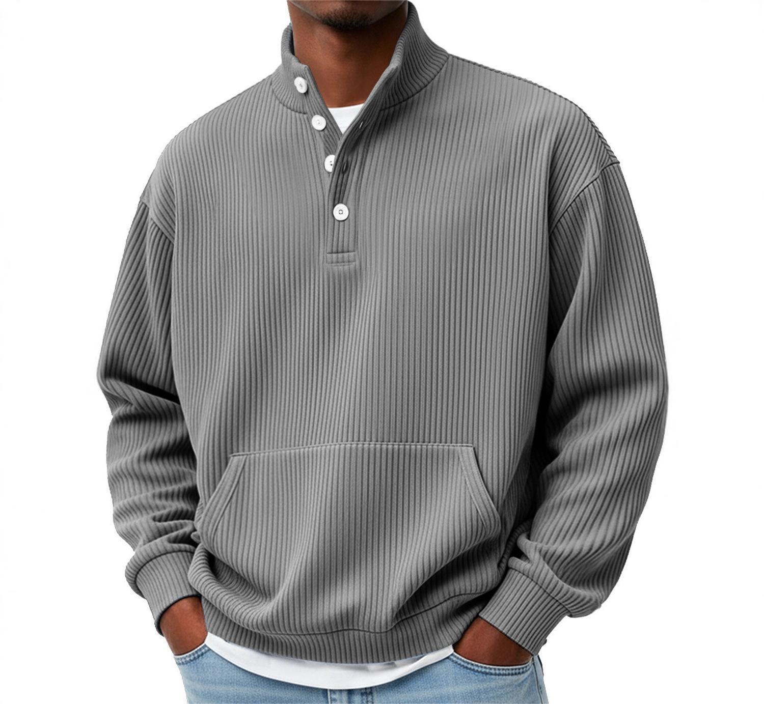 Mens Solid-Color Turtleneck Casual Long-Sleeve Polo Sweatshirt