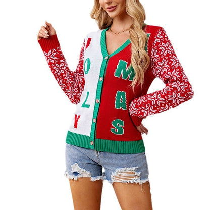 Christmas Sweater Red Casual Letter Jacquard V-neck Knitted Cardigan