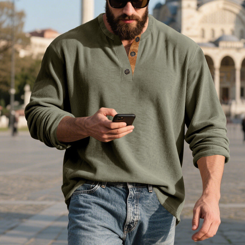 Retro Corduroy Casual Henley Shirt With Long Sleeves