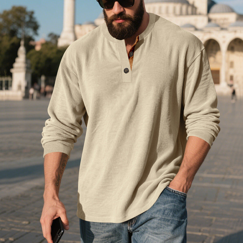 Retro Corduroy Casual Henley Shirt With Long Sleeves
