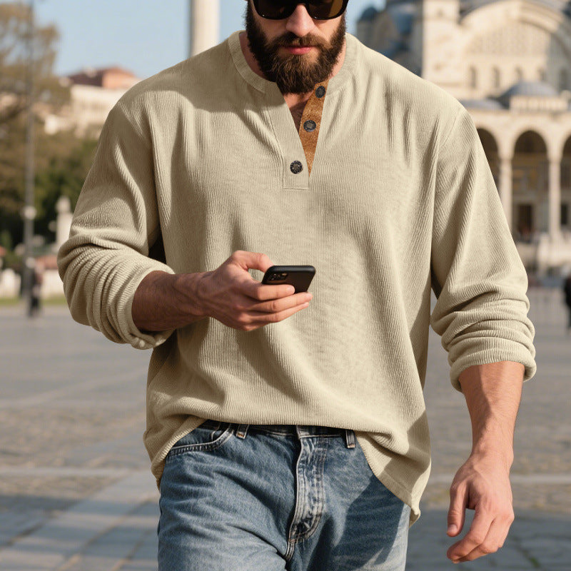 Retro Corduroy Casual Henley Shirt With Long Sleeves