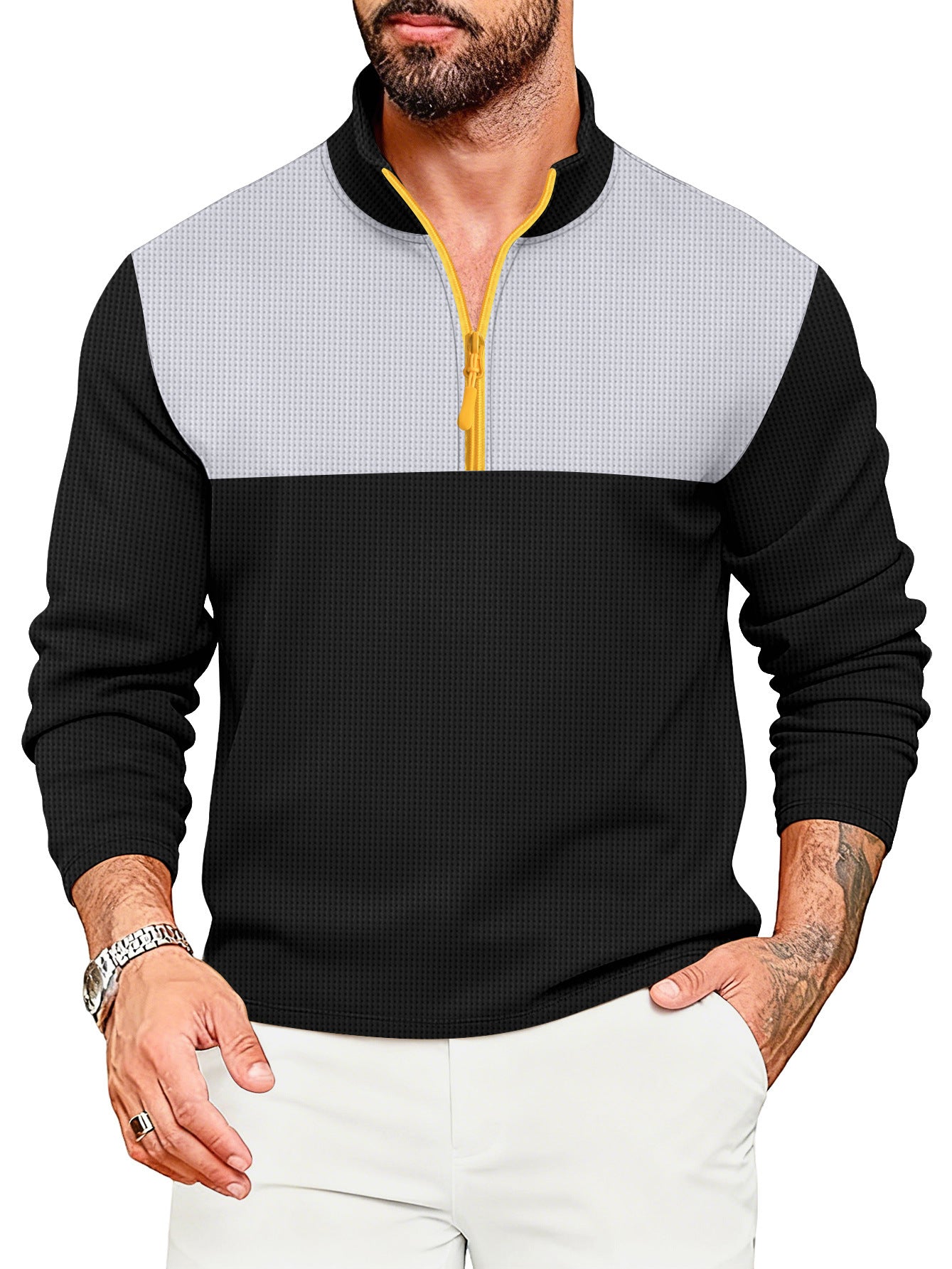 Mens Casual Sporty Color-Block Long-Sleeve Turtleneck Half-Zip Top