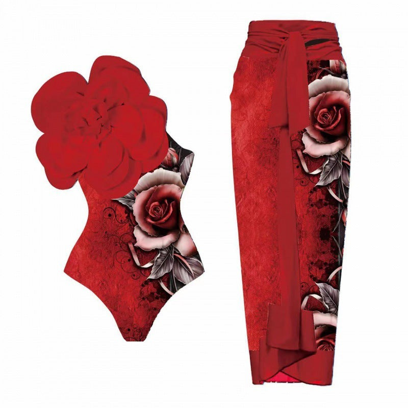 Big Flower Decoration Sexy Print Swimsuit Outfit Women's Top Skirt