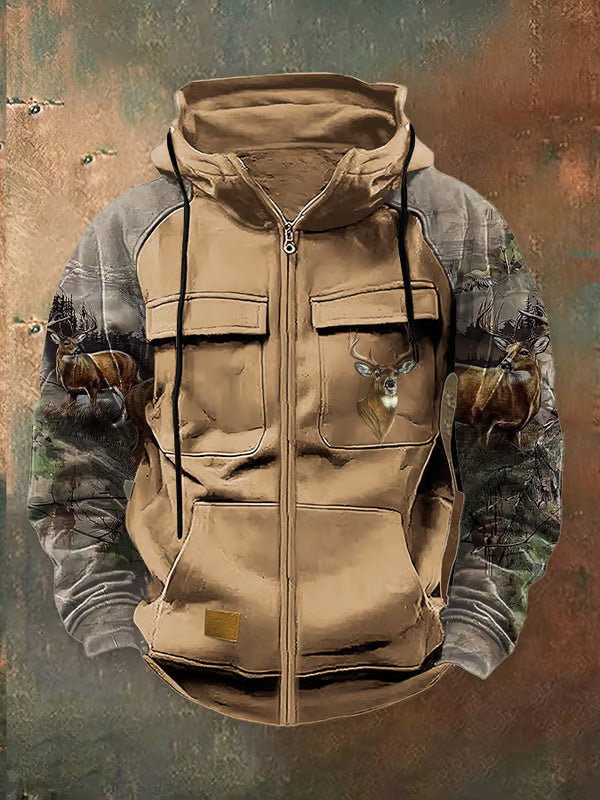 Mens Multi-Pocket Cargo Hoodie With Zippers And Color-Block Design