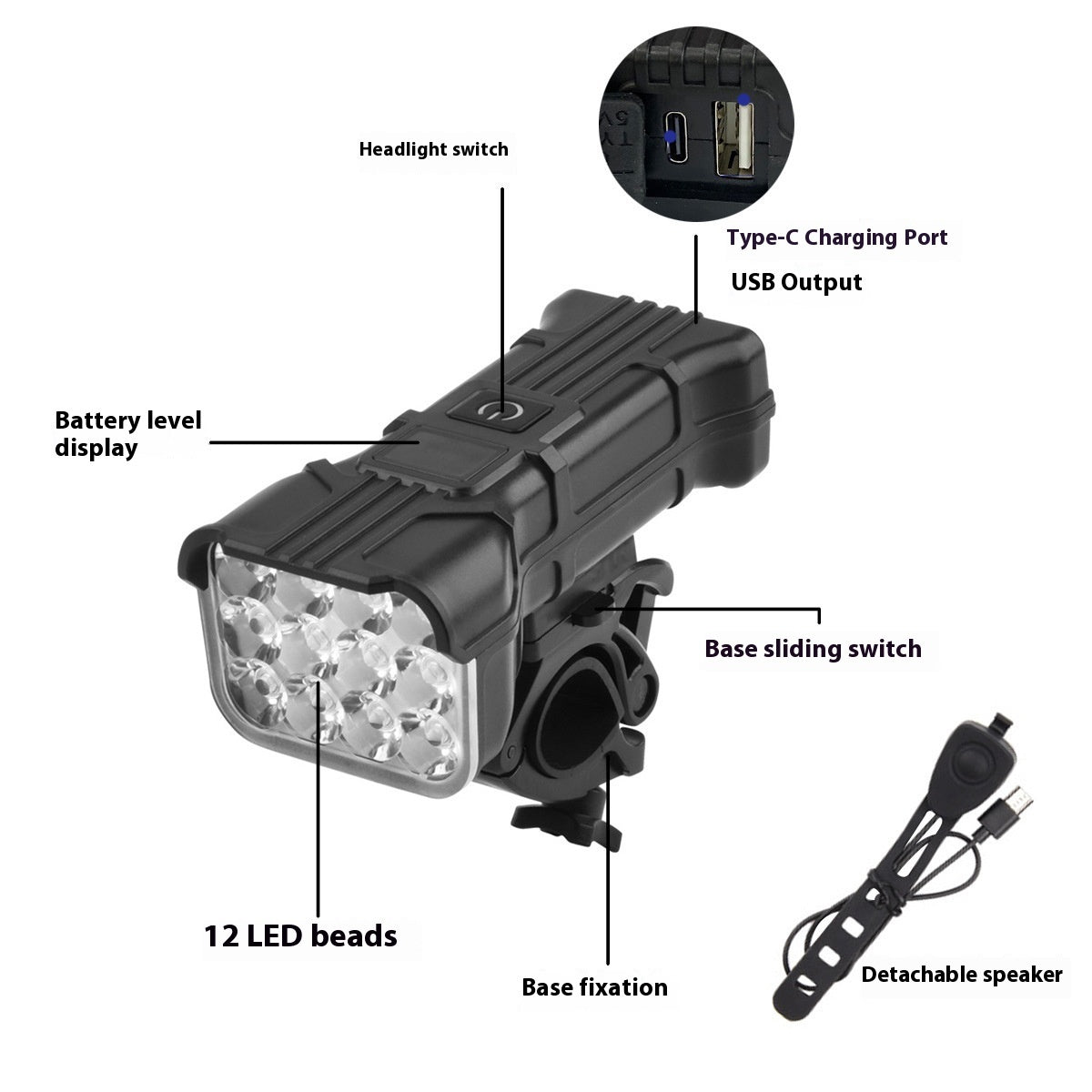 Bicycle Headlight Highlight 12LED With Digital Display Emergency Power Bank