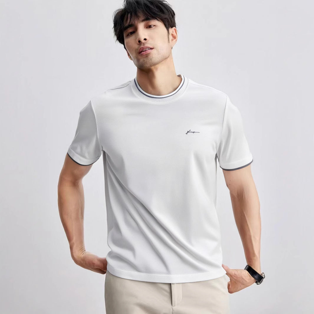 Trendy Color-blocked Round-neck T-shirt For Men With Personalized Artistic Signature Embroidery